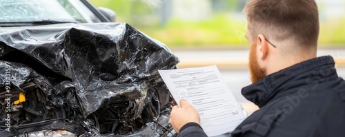 Driver at a service center, reviewing the insurance company's evaluation report detailing the extent of accident damage and repair costs, evaluation report, accident analysis photo