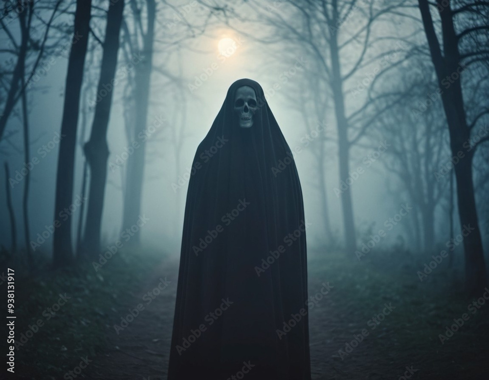 Ghostly figure stands ominously in dark forest. Faint glow of light emanates from behind. Unsettling atmosphere. Feeling of fear and dread, haunting experience reminiscent of classic horror tales. AI Ghostly figure stands ominously in dark forest. Faint glow of light emanates from behind. Unsettling atmosphere. Feeling of fear and dread, haunting experience reminiscent of classic horror tales. AI