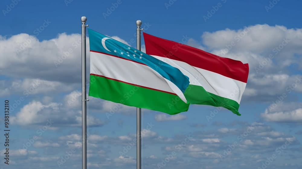 Hungary and Uzbekistan flags flying together, video concept of the relationship, two country relations concept Hungary and Uzbekistan flags flying together, video concept of the relationship, two country relations concept