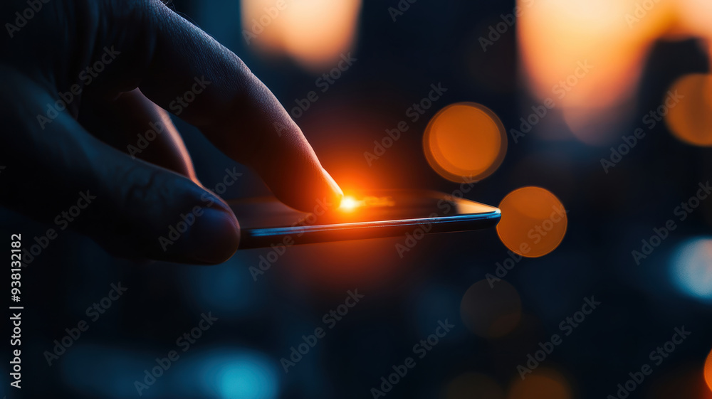 A hand is pointing at a cell phone with a bright orange light on it. Concept of excitement and anticipation, as if the person is about to make an important call or send a message A hand is pointing at a cell phone with a bright orange light on it. Concept of excitement and anticipation, as if the person is about to make an important call or send a message
