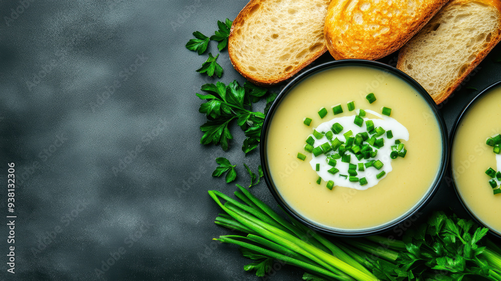 A bowl of soup with corn and parsley on top of a black plate. A piece of bread is on the right side of the bowl A bowl of soup with corn and parsley on top of a black plate. A piece of bread is on the right side of the bowl