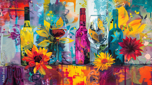 watercolor paint Bottles illustrations of wine and spirits bottles, artistic Bottles and Florals in Vibrant Abstract Composition