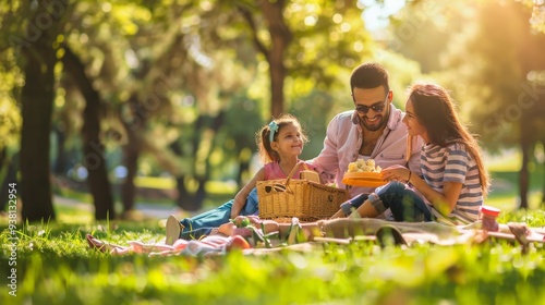 A diverse family enjoying a picnic in a sunny park with lush greenery. They are sitting on a blanket, sharing food from a basket, and smiling, creating a warm and joyful scene.