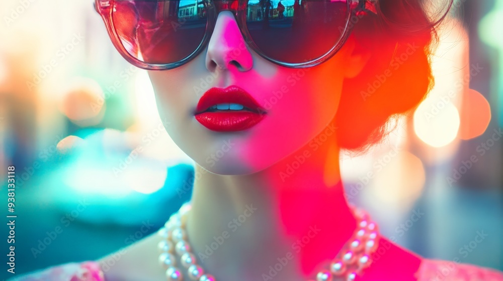Stylish woman with vibrant sunglasses and red lipstick, wearing pearls, photographed with colorful neon lights in the city at night. Stylish woman with vibrant sunglasses and red lipstick, wearing pearls, photographed with colorful neon lights in the city at night.