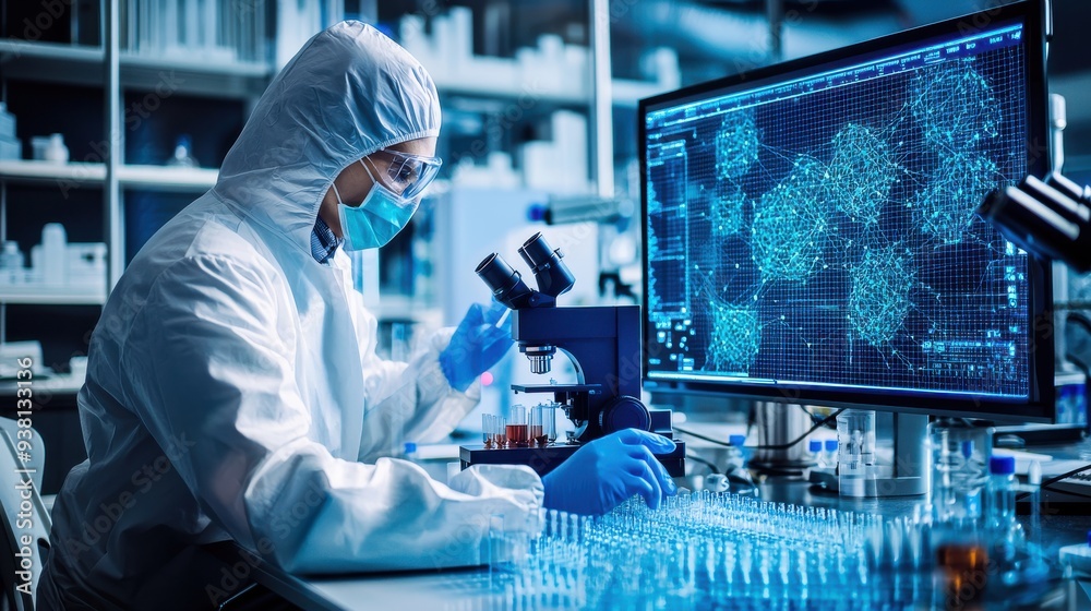 A modern pharmaceutical lab with scientists researching new medications. A researcher in protective gear works with test tubes, petri dishes, and a microscope
