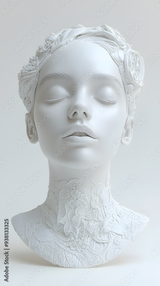 3. **A 3D render of a ceramic art portrait showcasing a serene young woman with delicate patterns and textures, isolated on a white background 3. **A 3D render of a ceramic art portrait showcasing a serene young woman with delicate patterns and textures, isolated on a white background