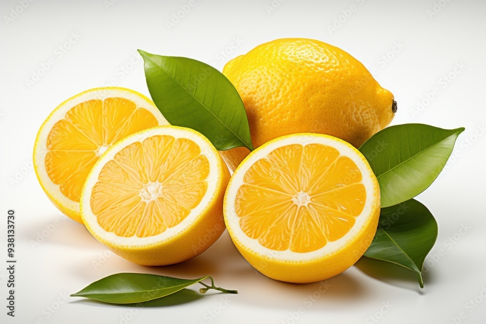 Fresh Lemons with Green Leaves on White Background Fresh Lemons with Green Leaves on White Background