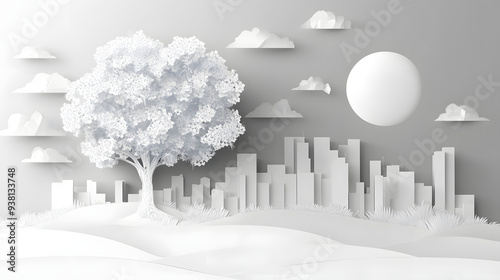 The person who knows. Tree, Achieve sustainable growth, World Environment Day. White eco urban city and nature landscape background paper art style.