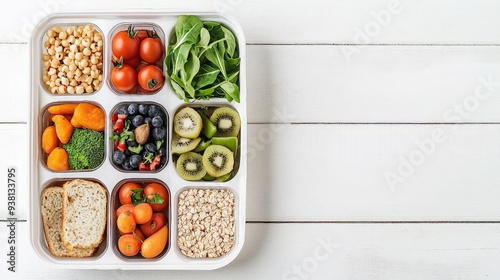 Healthy Lunch Box with Fruits, Vegetables, and Grains photo