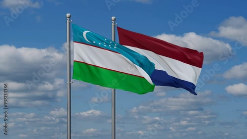 Netherlands and Uzbekistan flags flying together, video concept of the relationship, two country relations concept photo