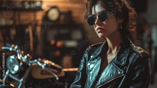 Stylish woman in sunglasses and leather jacket sitting on motorcycle in garage with blurred background.