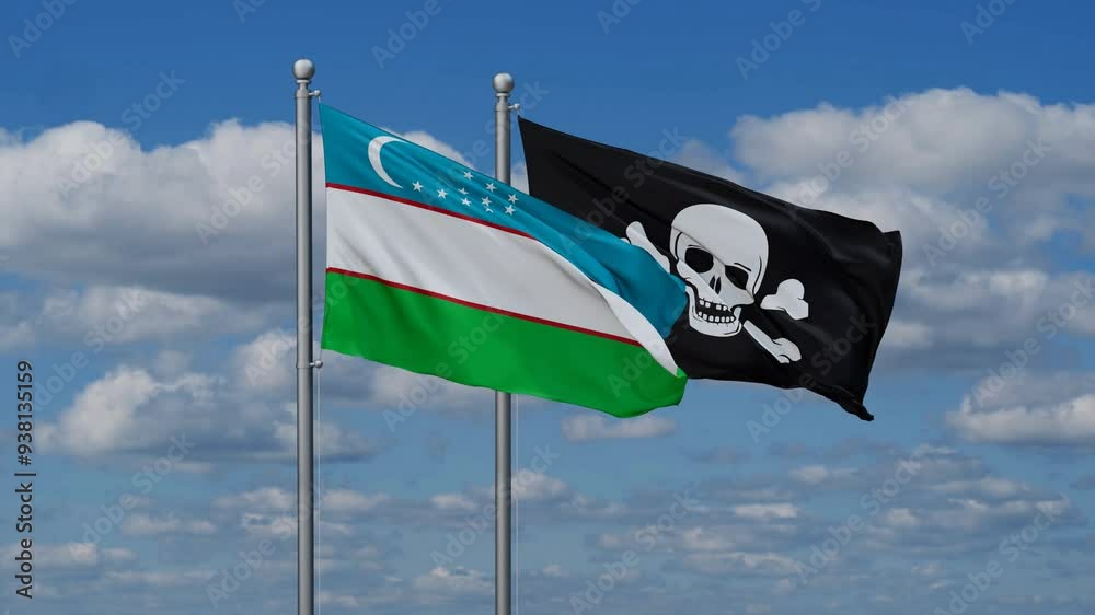 Uzbekistan and Jolly Roger or pirate flags flying together, video concept of the relationship Uzbekistan and Jolly Roger or pirate flags flying together, video concept of the relationship