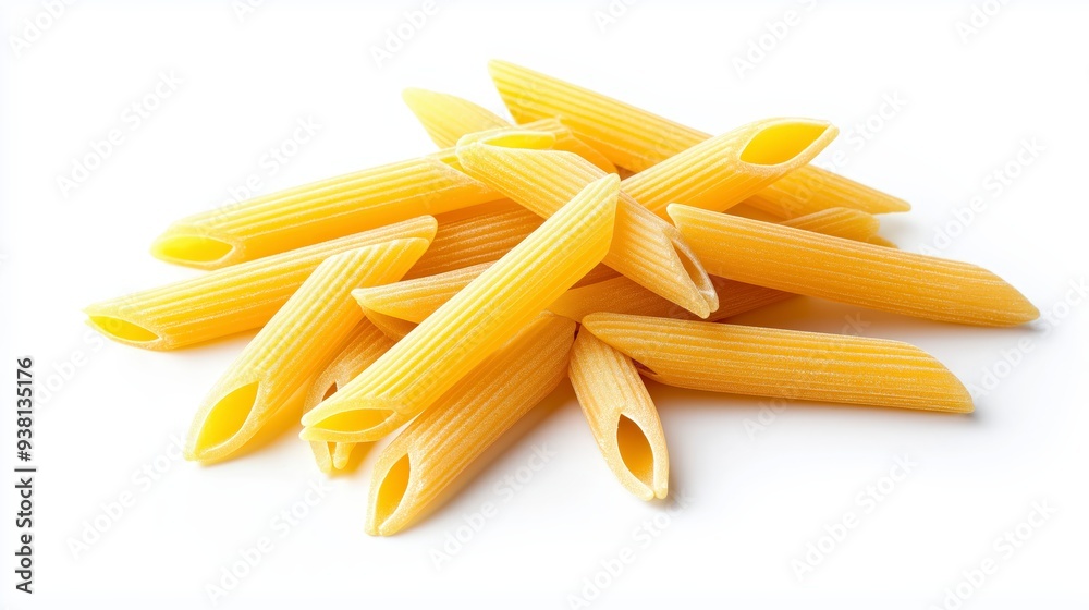 A pile of uncooked penne pasta on a white background. A pile of uncooked penne pasta on a white background.