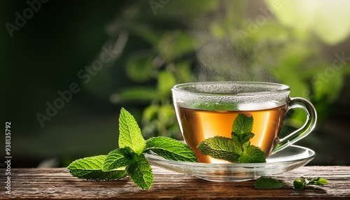 Aromatic Cup of Peppermint Tea with Fresh Mint Leaves on Rustic Wooden Table