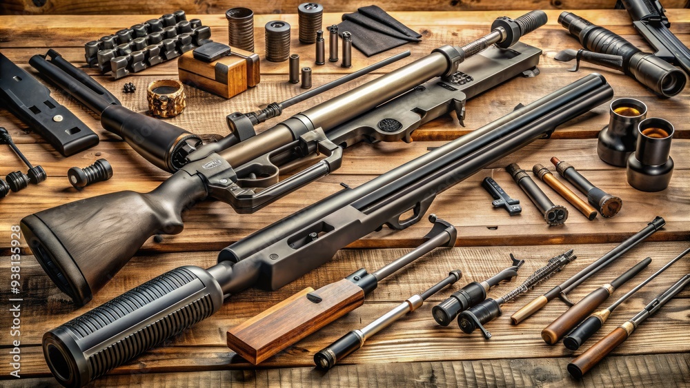 Assorted firearm components, including barrels, stocks, triggers, and scopes, laid out on a wooden workbench, awaiting assembly or repair in a well-organized workshop. Assorted firearm components, including barrels, stocks, triggers, and scopes, laid out on a wooden workbench, awaiting assembly or repair in a well-organized workshop.