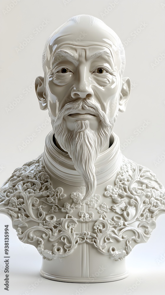 9. **A lifelike 3D render of a ceramic art portrait depicting a distinguished scholar with intricate facial details, isolated on a white background 9. **A lifelike 3D render of a ceramic art portrait depicting a distinguished scholar with intricate facial details, isolated on a white background