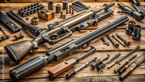 Assorted firearm components, including barrels, stocks, triggers, and scopes, laid out on a wooden workbench, awaiting assembly or repair in a well-organized workshop.