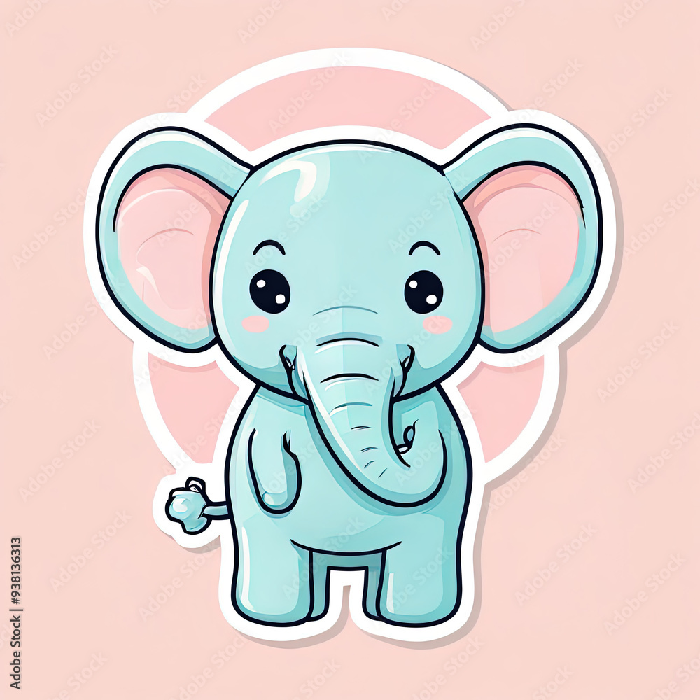 Adorable cartoon elephant sticker design on pink background.
