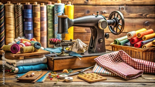 Assorted sewing patterns and tools scattered on a wooden table, surrounded by fabric swatches, threads, and a vintage sewing machine in the background. photo