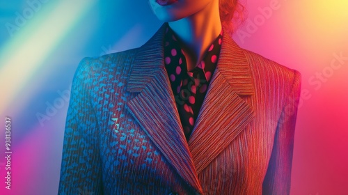 Stylish woman in an elegant suit illuminated by colorful, artistic lighting, showcasing fashion and modern sophistication.