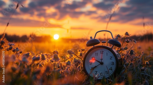 Isolated digital alarm clock with a morning sunrise background. photo