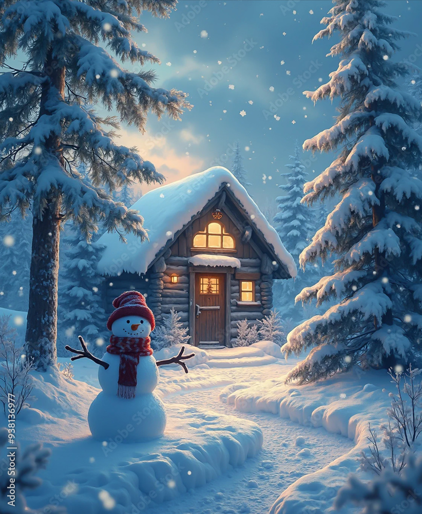 Fototapeta premium A snowy winter wonderland with a wooden chalet and a snowman - AI generated