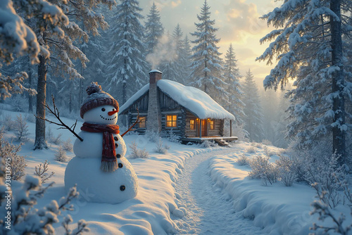 A snowy winter wonderland with a wooden chalet and a snowman - AI generated