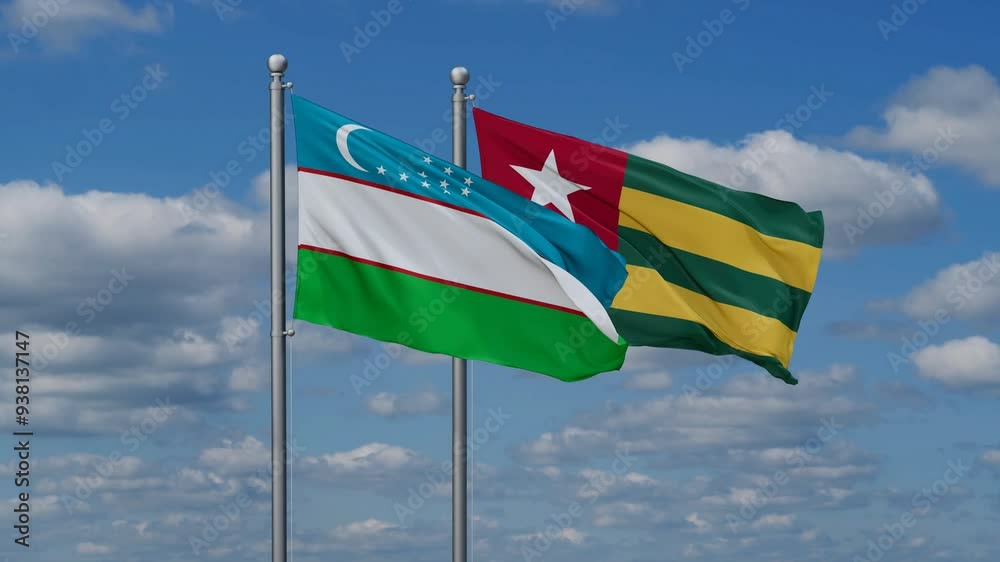 Togo, Togolese Republic and Uzbekistan flags flying together, video concept of the relationship, two country cooperation concept Togo, Togolese Republic and Uzbekistan flags flying together, video concept of the relationship, two country cooperation concept
