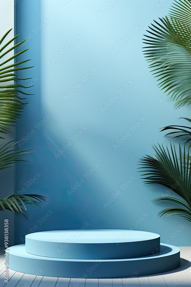 Empty blue podium mockup for product display background with palm leaves shadow overlay, blue podium pedestal or platform stand with window light on wall, cosmetic or luxury product display mockup Empty blue podium mockup for product display background with palm leaves shadow overlay, blue podium pedestal or platform stand with window light on wall, cosmetic or luxury product display mockup