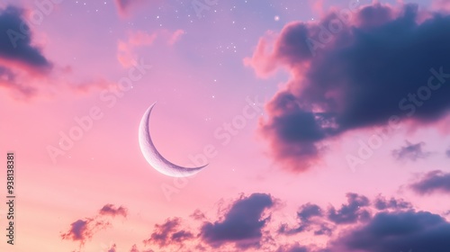 A crescent moon shines brightly in a pink and purple sky with fluffy clouds.