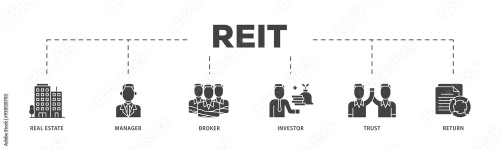 REIT icon infographic illustration concept with icon of real estate, manager, broker, investor, trust and return icon png and easy to edit REIT icon infographic illustration concept with icon of real estate, manager, broker, investor, trust and return icon png and easy to edit