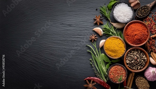 Assortment of Colorful Spices and Herbs on Dark Slate Backdrop with Copy Space