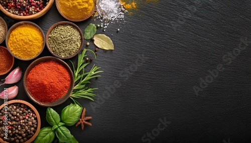 Assortment of Colorful Spices and Herbs on Dark Slate Backdrop with Copy Space