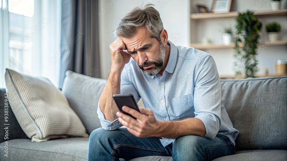 A stressed adult male sits on a couch, intensely gazing at his smartphone's screen with a mixture of concern and anxiety on his face. A stressed adult male sits on a couch, intensely gazing at his smartphone's screen with a mixture of concern and anxiety on his face.