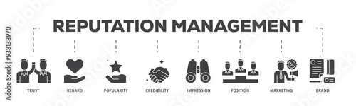 Reputation management icon infographic illustration concept with icon of brand, marketing, credibility, position, impression, popularity, regard, trust icon png and easy to edit 