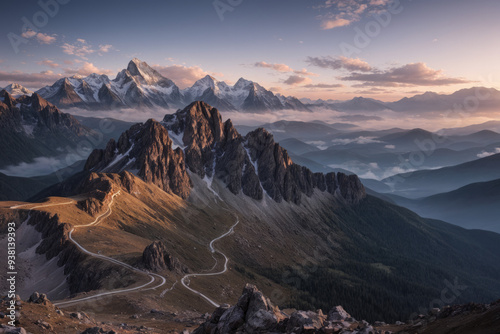 Route sinueuse à travers des montagnes au crépuscule photo