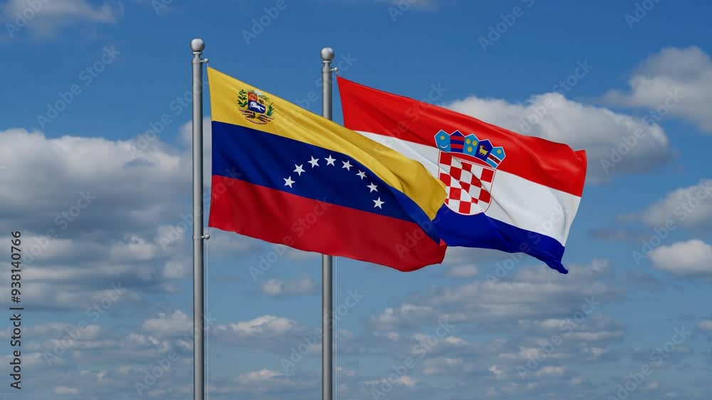 Croatia and Venezuela flags flying together, video concept of the relationship, two country cooperation concept Croatia and Venezuela flags flying together, video concept of the relationship, two country cooperation concept