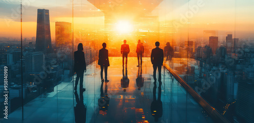 Double exposure of a group of business people and a cityscape  silhouette of a professional team working together in an office building.