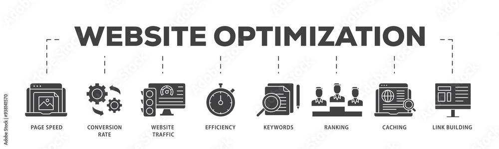 Website optimization icon infographic illustration concept with icon of page speed, conversion rate, website traffic, efficiency, keywords, ranking, caching icon png and easy to edit Website optimization icon infographic illustration concept with icon of page speed, conversion rate, website traffic, efficiency, keywords, ranking, caching icon png and easy to edit