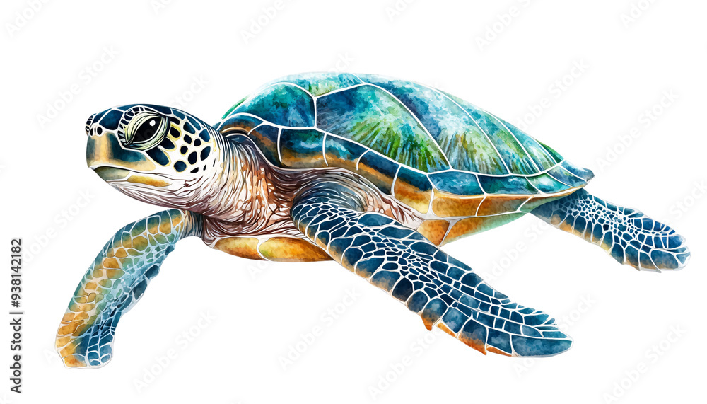 Fototapeta premium Sea Turtle Grace: A vibrant green sea turtle glides gracefully through crystal-clear waters, its intricate shell a testament to nature's artistry. 