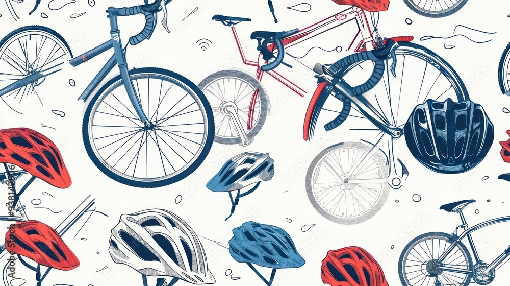 Fototapeta premium Seamless pattern with bicycles and helmets. Concept of cycling, sports, healthy lifestyle, urban transportation