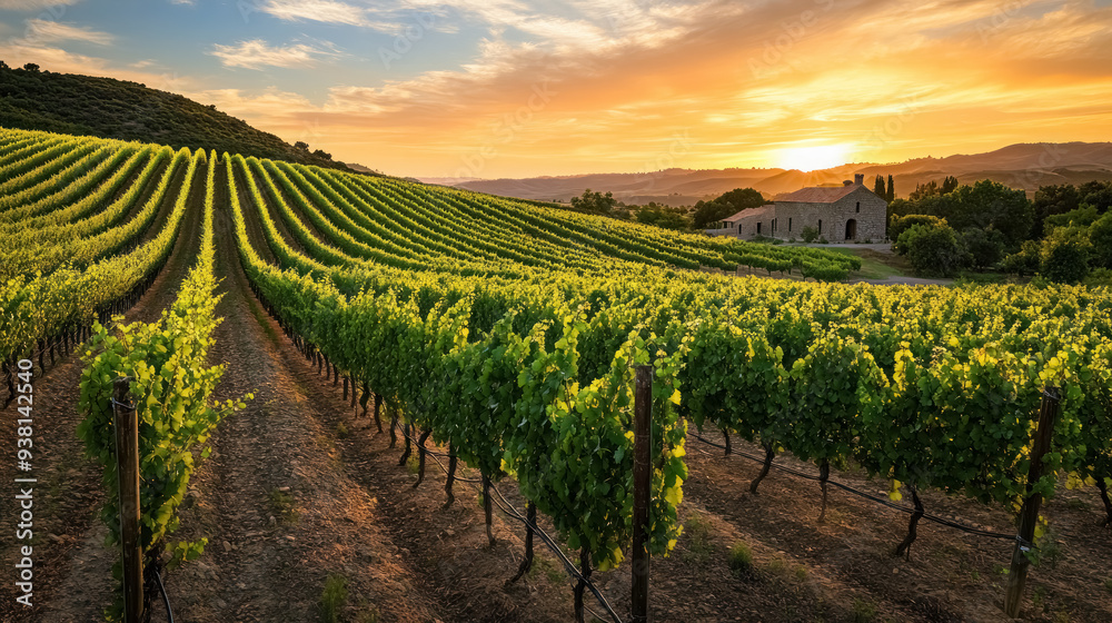 Fototapeta premium vibrant vineyard under fiery sunset skies, idyllic rural landscape