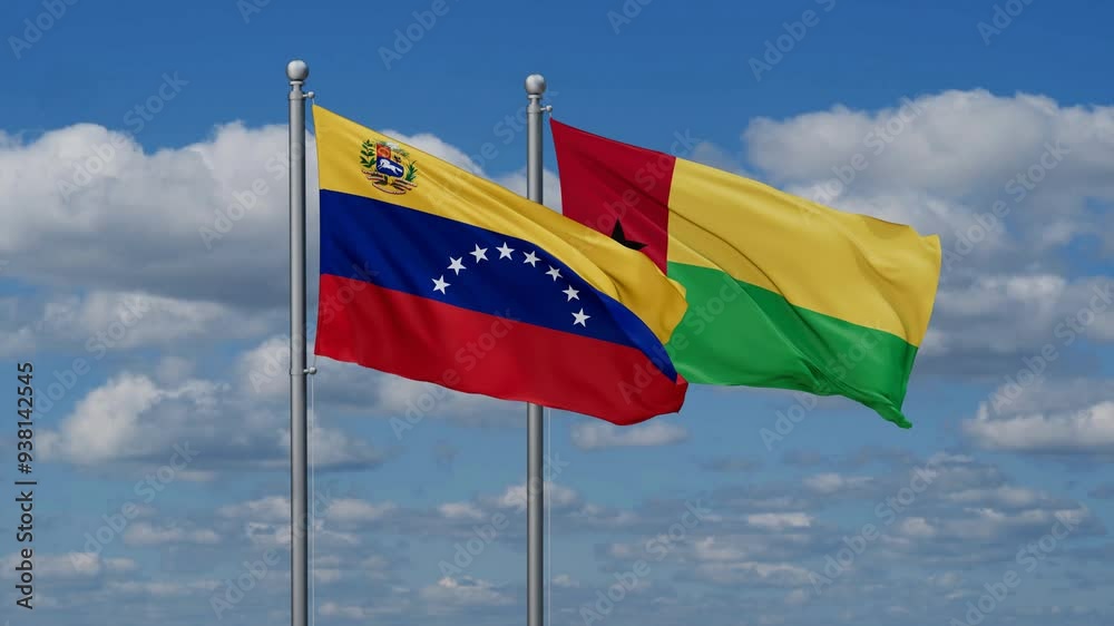 Guinea-Bissau and Venezuela flags flying together, video concept of the relationship, two country relations concept Guinea-Bissau and Venezuela flags flying together, video concept of the relationship, two country relations concept