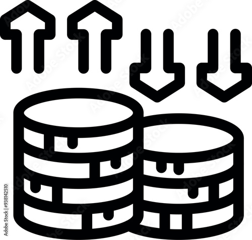 Line art vector icon of stacks of coins with some arrows pointing up and some pointing down, representing market volatility
