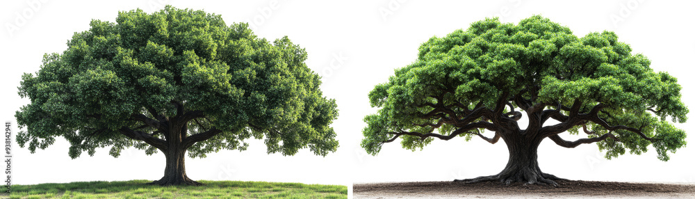 Majestic oak tree, towering in size, realistic rendering, vivid green leaves, isolated on transparency background PNG