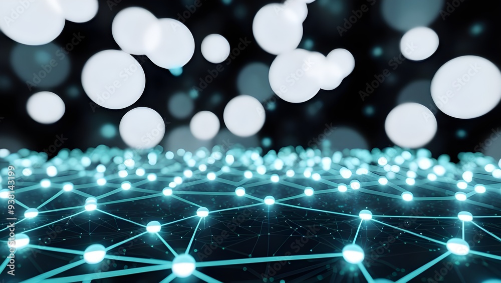 Glowing blockchain matrix - A blurred, deep-space black background with bright, glowing bokeh dots in shades of white and cyan. In the foreground, a dense matrix of blockchain nodes, each connected Glowing blockchain matrix - A blurred, deep-space black background with bright, glowing bokeh dots in shades of white and cyan. In the foreground, a dense matrix of blockchain nodes, each connected