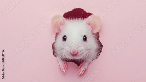 Adorable Mouse Peeks Out from a Pink Background Hole