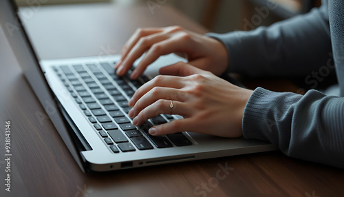 A person's hands typing on a laptop keyboard