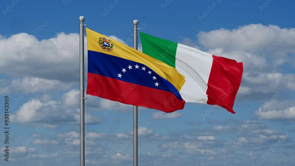Italy and Venezuela flags flying together, video concept of the relationship, two country cooperation concept Italy and Venezuela flags flying together, video concept of the relationship, two country cooperation concept