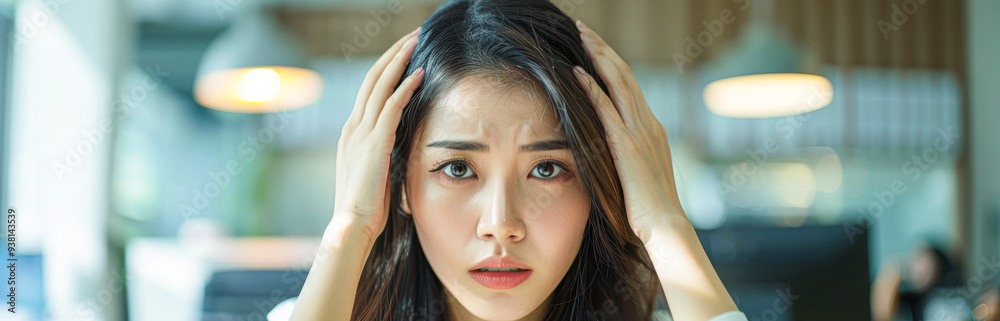 Fototapeta premium A woman with long hair is looking at the camera with a worried expression